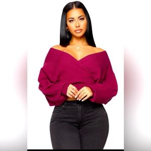 NWT Cute Feelings V-neck Surplice off the shoulder Dolman Sleeve Sweater Plum M